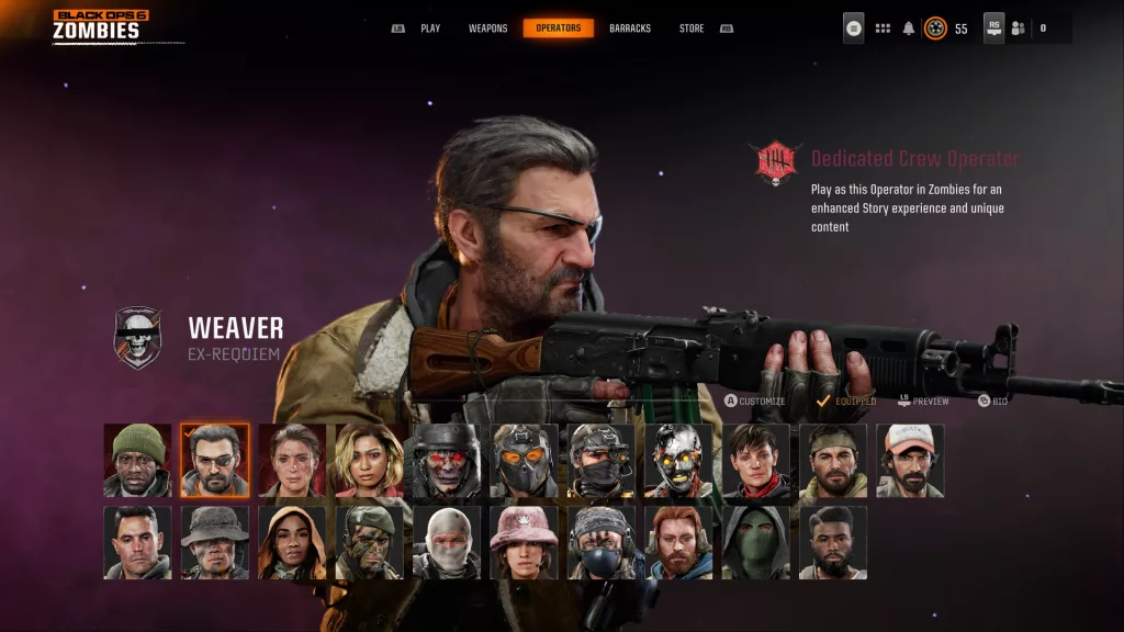 A imagem mostra vários operadores que estão no jogo, em específico Weaver, operadore dedicado para o Modo Zombies com história própria.