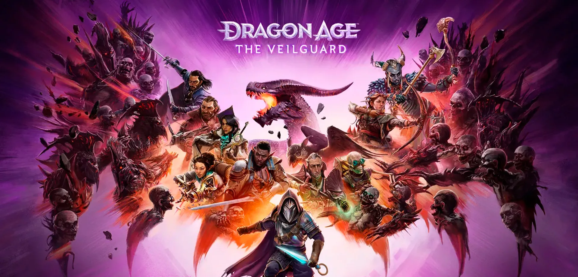 Capa de Dragon Age The Veilguard com vários personagens e antagonistas formando um grande dragão e o personagem do jogador logo a frente.