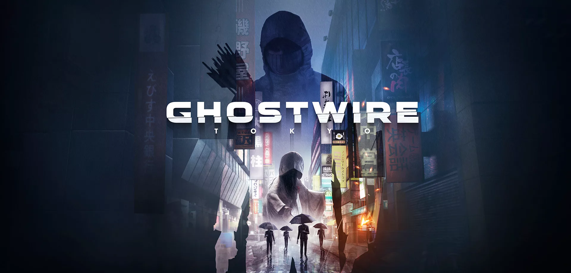 Capa de Ghostwire Tokyo mostrando uma rua da cidade com várias criaturas e a sombra de um arqueiro.