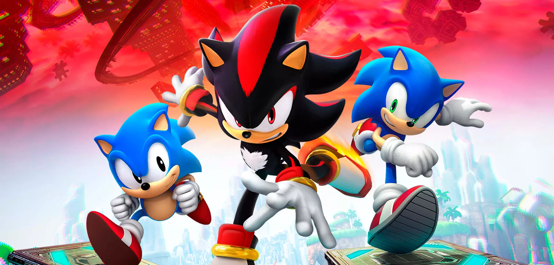 Personages de Sonic X Shadow Generations com fundo de cenários clássicos de jogos Sonic.