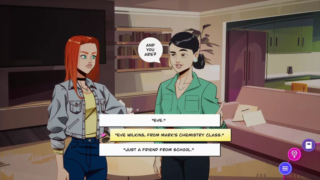 Personagem de Invincible Presents Atom Eve conversando com a mãe de uma amiga de escola.