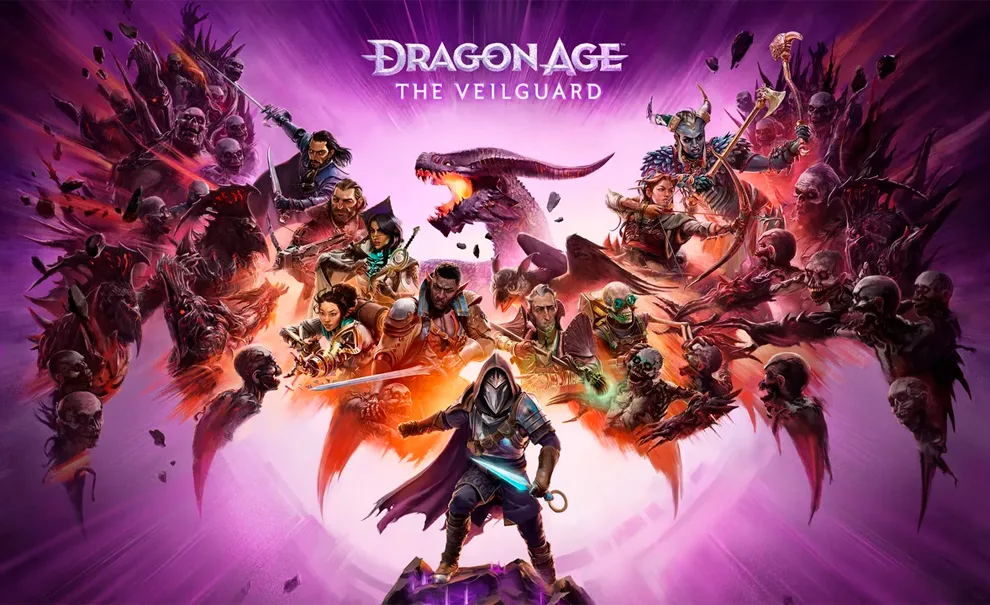 Capa de Dragon Age The Veilguard com vários personagens e antagonistas formando um grande dragão e o personagem do jogador logo a frente.