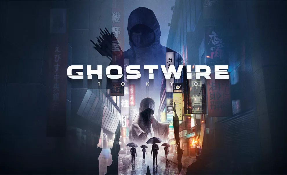 Capa de Ghostwire Tokyo mostrando uma rua da cidade com várias criaturas e a sombra de um arqueiro.