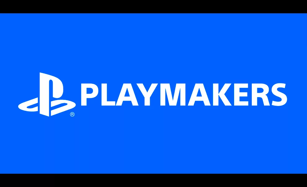 Logo da PlayStation Playmakers em um fundo azul.