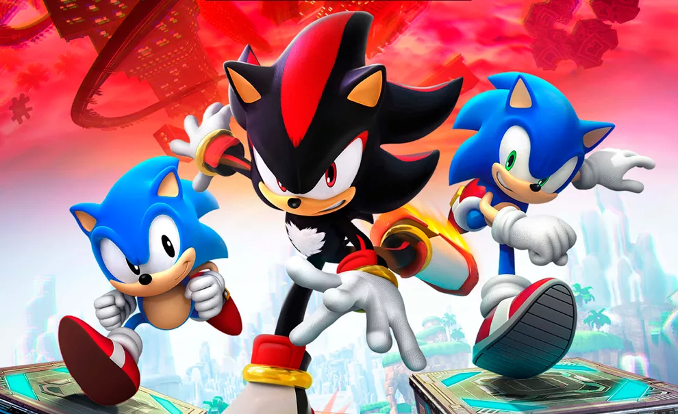 Personages de Sonic X Shadow Generations com fundo de cenários clássicos de jogos Sonic.