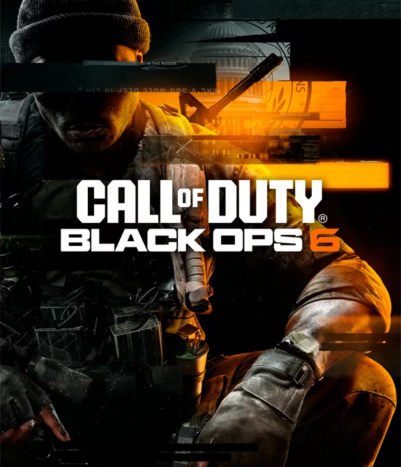 Logo de Call of Duty Black Ops 6 à frente com o personagem Troy Marshall aparecendo ao fundo equipado para o combate.