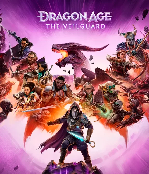 Capa de Dragon Age The Veilguard com vários personagens e antagonistas formando um grande dragão e o personagem do jogador logo a frente.