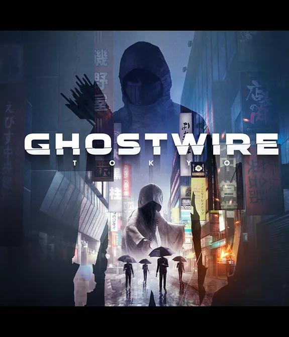 Capa de Ghostwire Tokyo mostrando uma rua da cidade com várias criaturas e a sombra de um arqueiro.