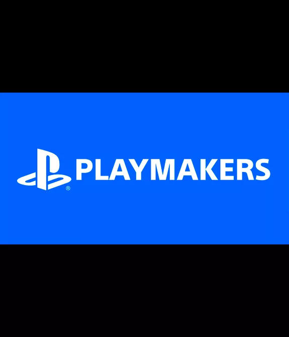 Logo da PlayStation Playmakers em um fundo azul.