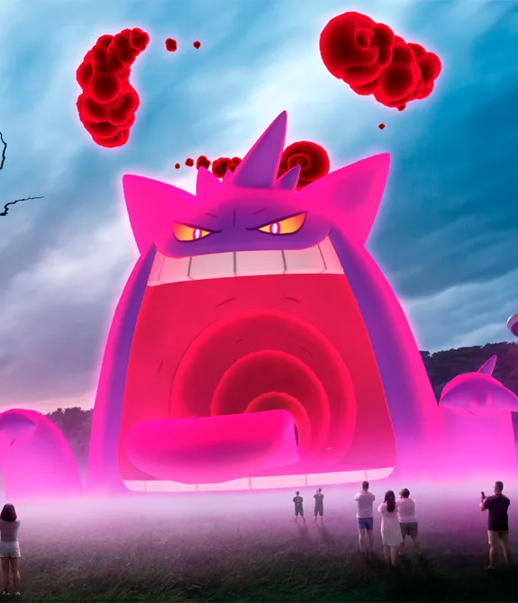 Gengar Gigamax aparece em um gramado com várias pessoas e uma árvore sinistra com a Logo de Pokémon GO e Max Out aparecendo à frente.