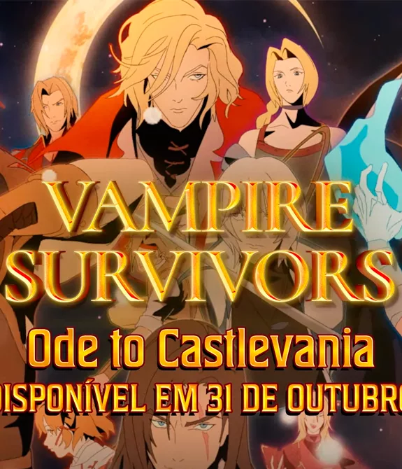 Logo de Vampire Survivors Ode To Casltevania com algumas personagens da DLC atrás.