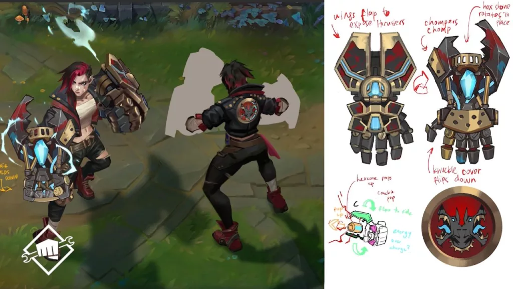 Skin baseada em Arcance Temporada 2 de Vi, com manoplas mais visíveis , pedra Hex e cores voltadas pro vermelho e preto.