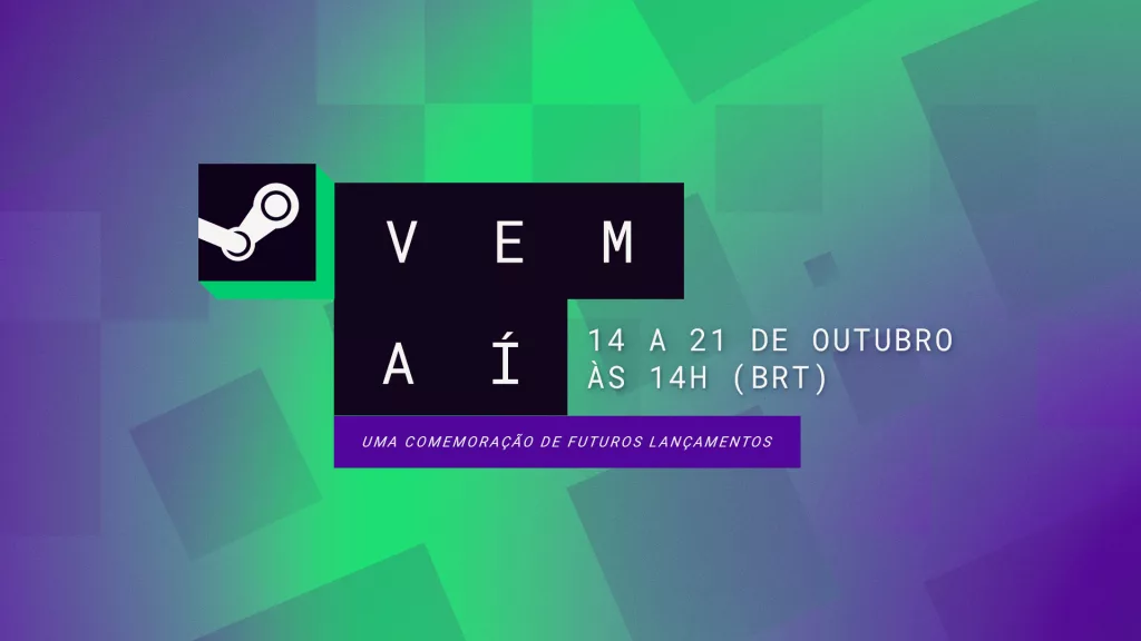 Logo da Steam Vem aí com fundo roxo e verde.