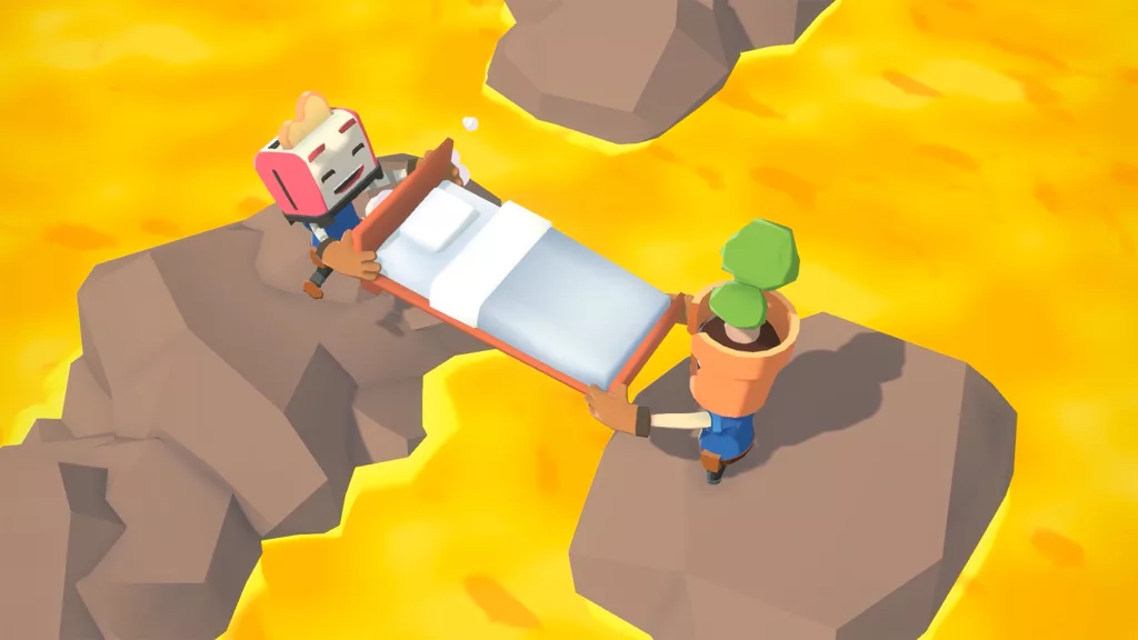 2 personagens em cima de rochas e magma segurando uma cama de solteiro.