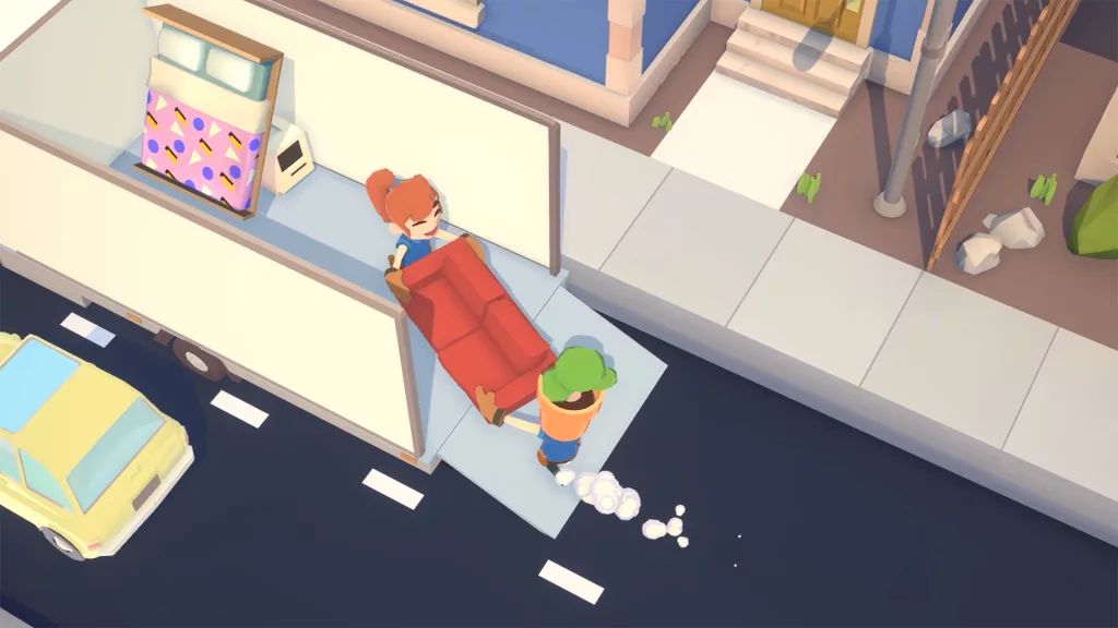 2 personagens carregando um sofá pra dentro de um caminhão que já tem uma cama guardada no jogo Moving Out.