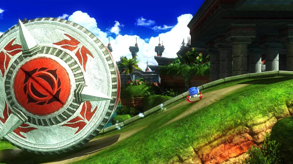 Tela de Sonic X Shadow Generations com Sonic sendo perseguido por uma espécie de engrenagem.