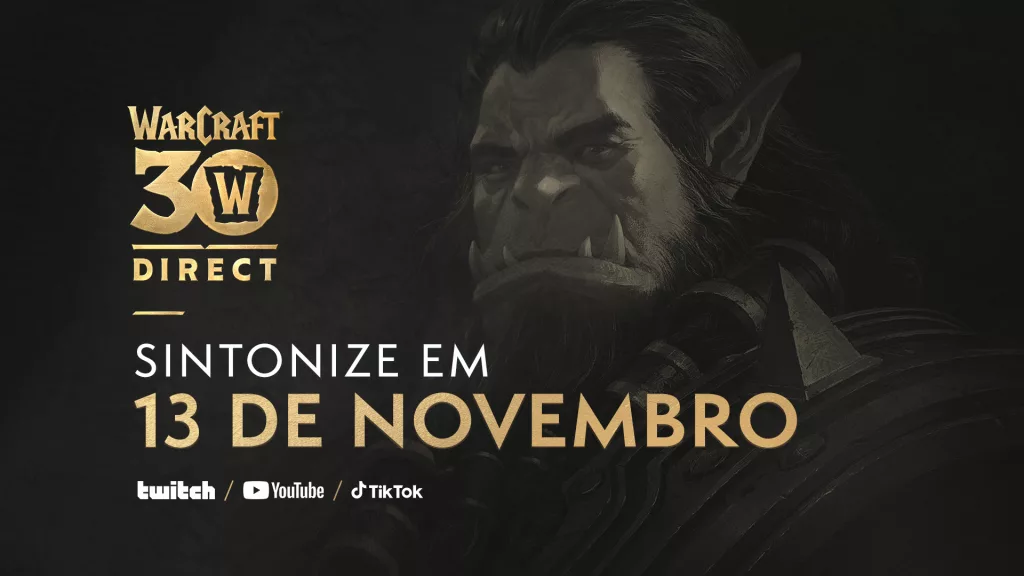 Warcraft 30 anos com uma imagem do grande líder Thrall em preto e com toques de dourado.