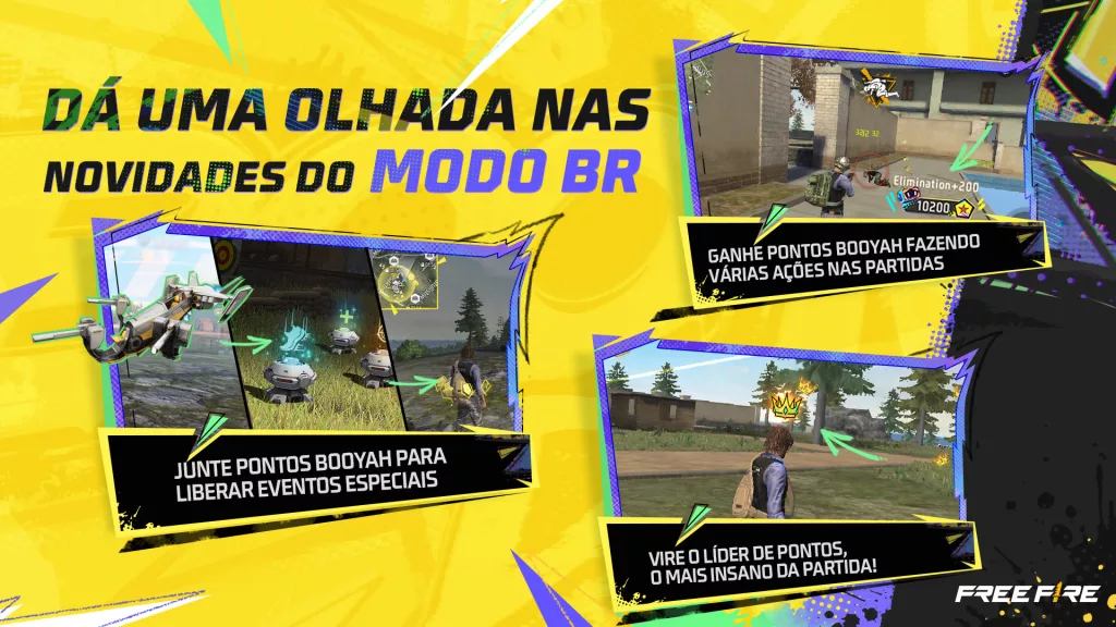 3 telas com as novidades do battle royale no dia do booyah.