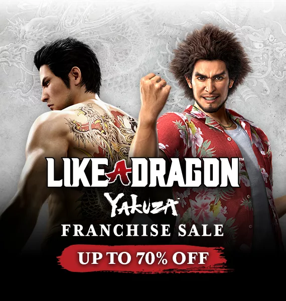 Personagens icônicos das séries Like a Dragon Yakuza em um banner da promoção steam.