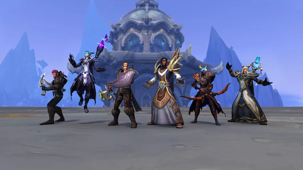 Personagens de WoW com vários conjuntos de armadura clássicos.