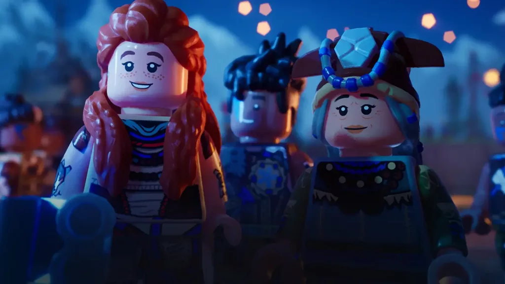 Aloy, Varl e Teersa em suas versões Lego Horizon Adventures.