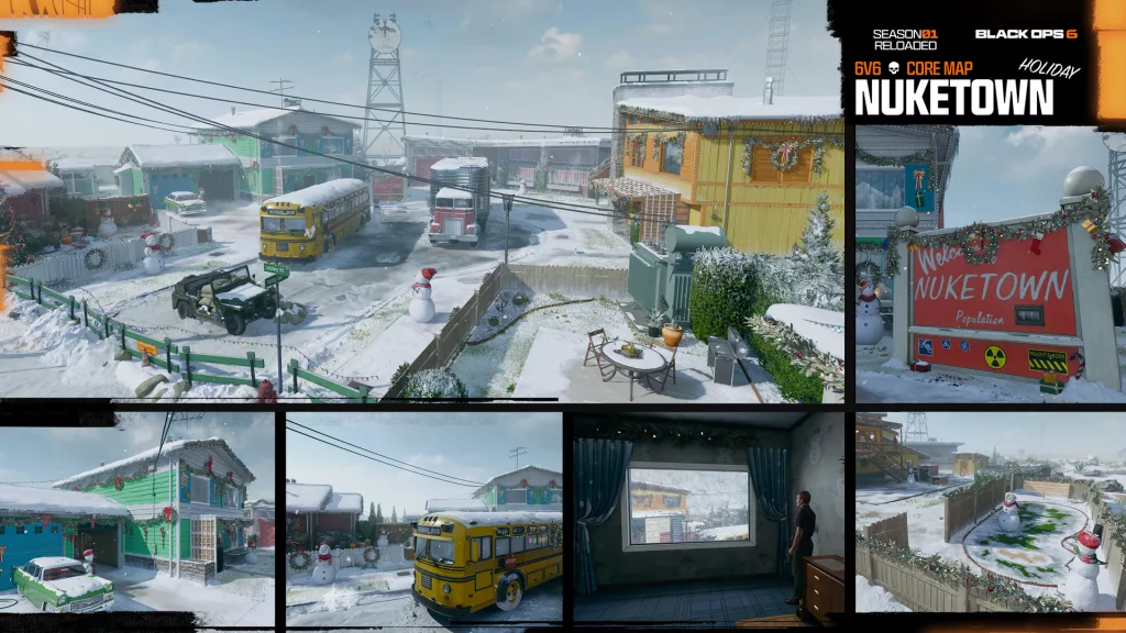 O mapa de Nuketown com neve e enfeites de natal.