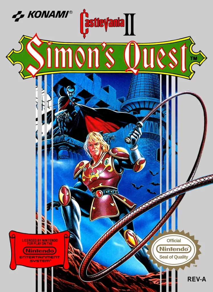 Capa do Castlevania 2 Simon's Quest com Drácula ao fundo no castelo e Simon Belmont com um chicote à frente.