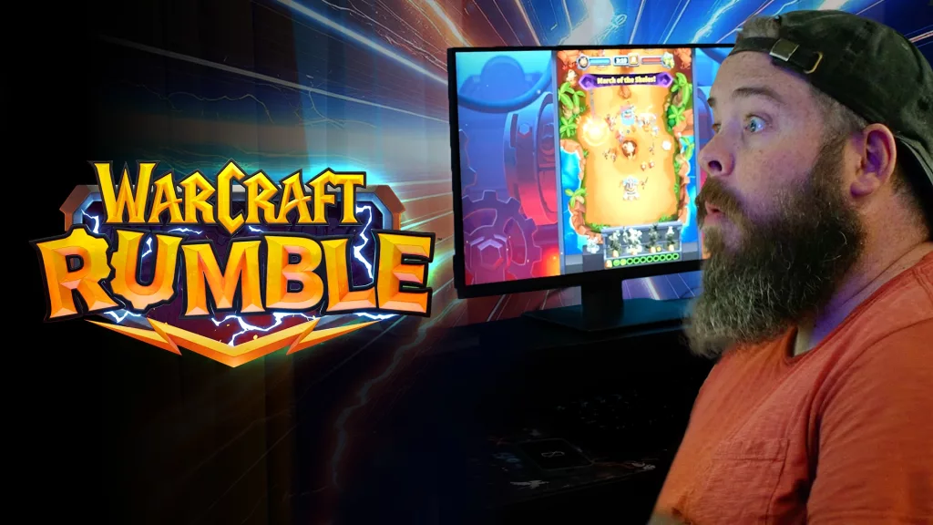 Homem surpreso com o Warcraft Rumble para PC.