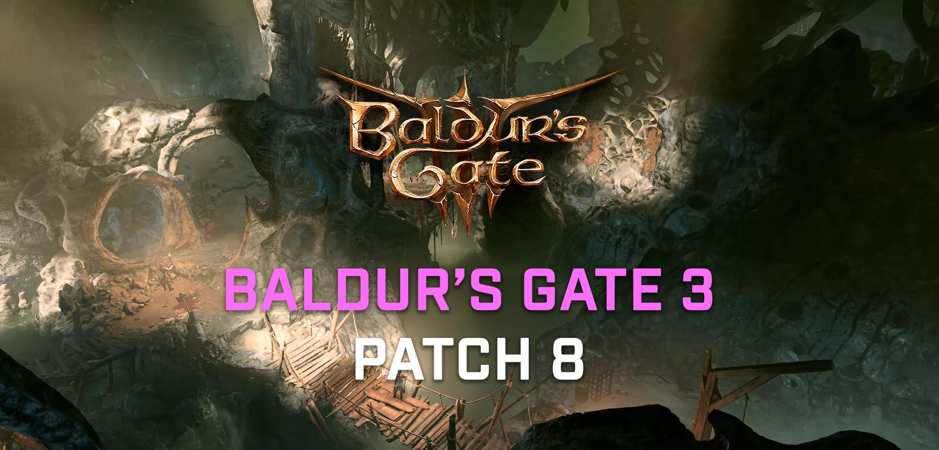 Cenário de caverna com a logo de Baldur's Gate 3 à frente e a indicação de um futuro Patch 8.