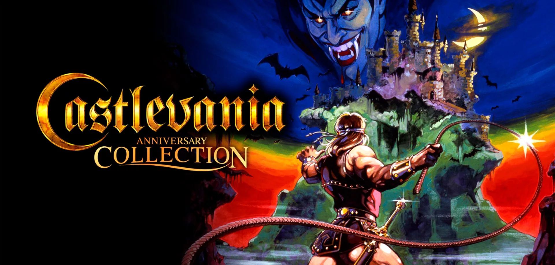 Capa de Castlevania Anniversary Collection com o Drácula ao fundo em seu castelo e à frente o protagonista Simon Belmont.