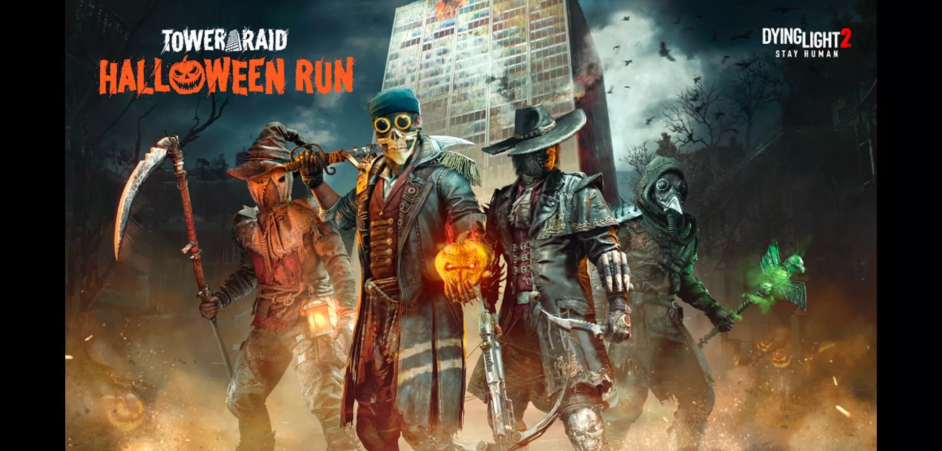 Os 4 personagens do evento Tower Raid Halloween Run de Dying Light 2 em frente a um grande prédio.