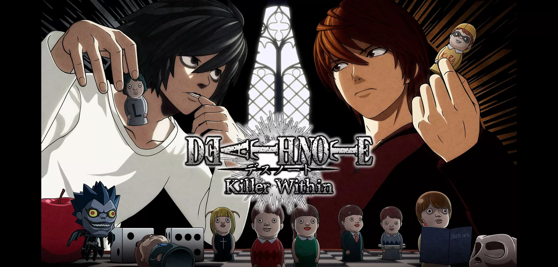 L e Kira se encaram na frente de um tabuleiro com miniaturas de personagens com a logo de Death Note Killer Within à frente.