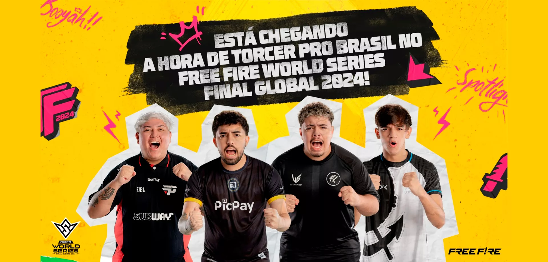 4 jogadores representando os times brasileiros no Free Fire World Series 2024 em um fundo amarelo com símbolos e frases do jogo.