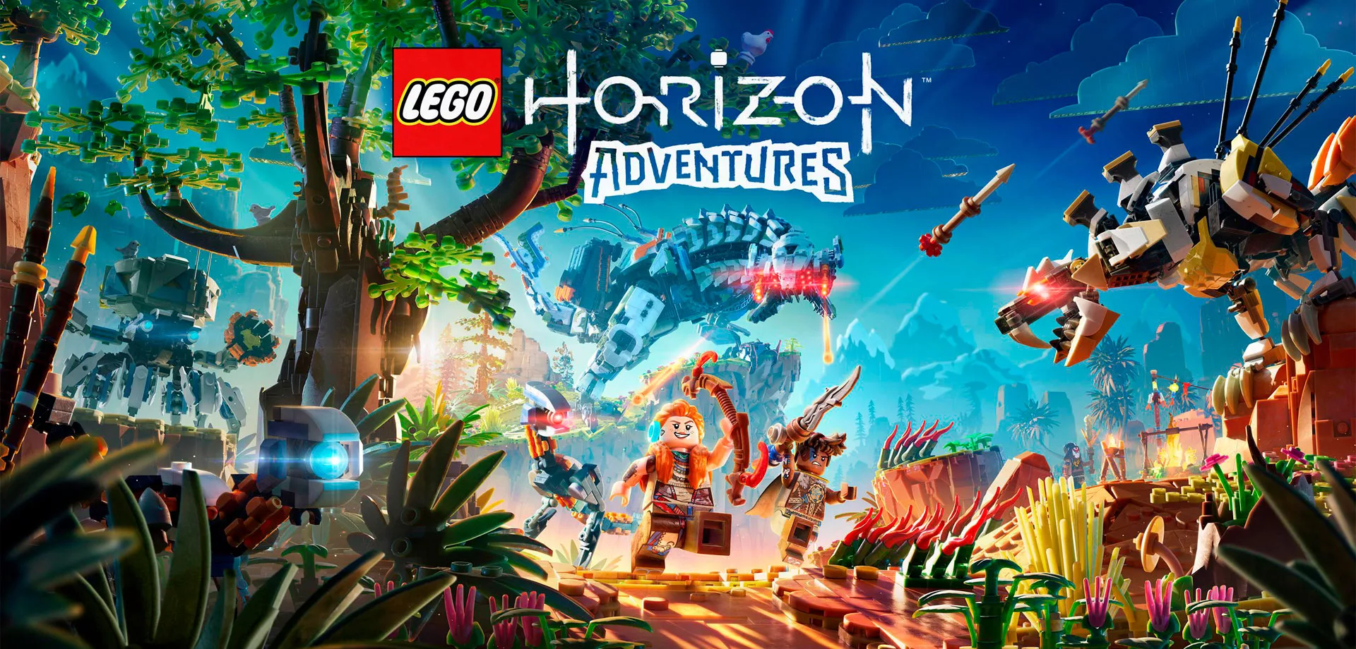 Personagens de LEGO Horizon Adventures em meio as máquinas e numa paisagem, todos em LEGO.