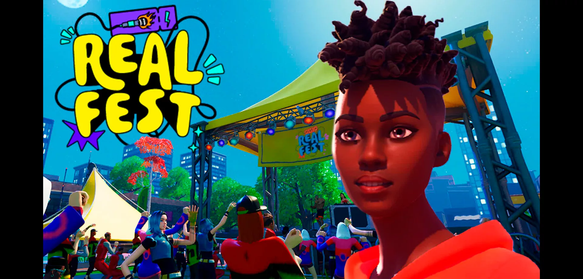 Capa da RealFest dentro de Fortnite, onde está rolando uma festa em frente a um palco com várias pessoas diversas.