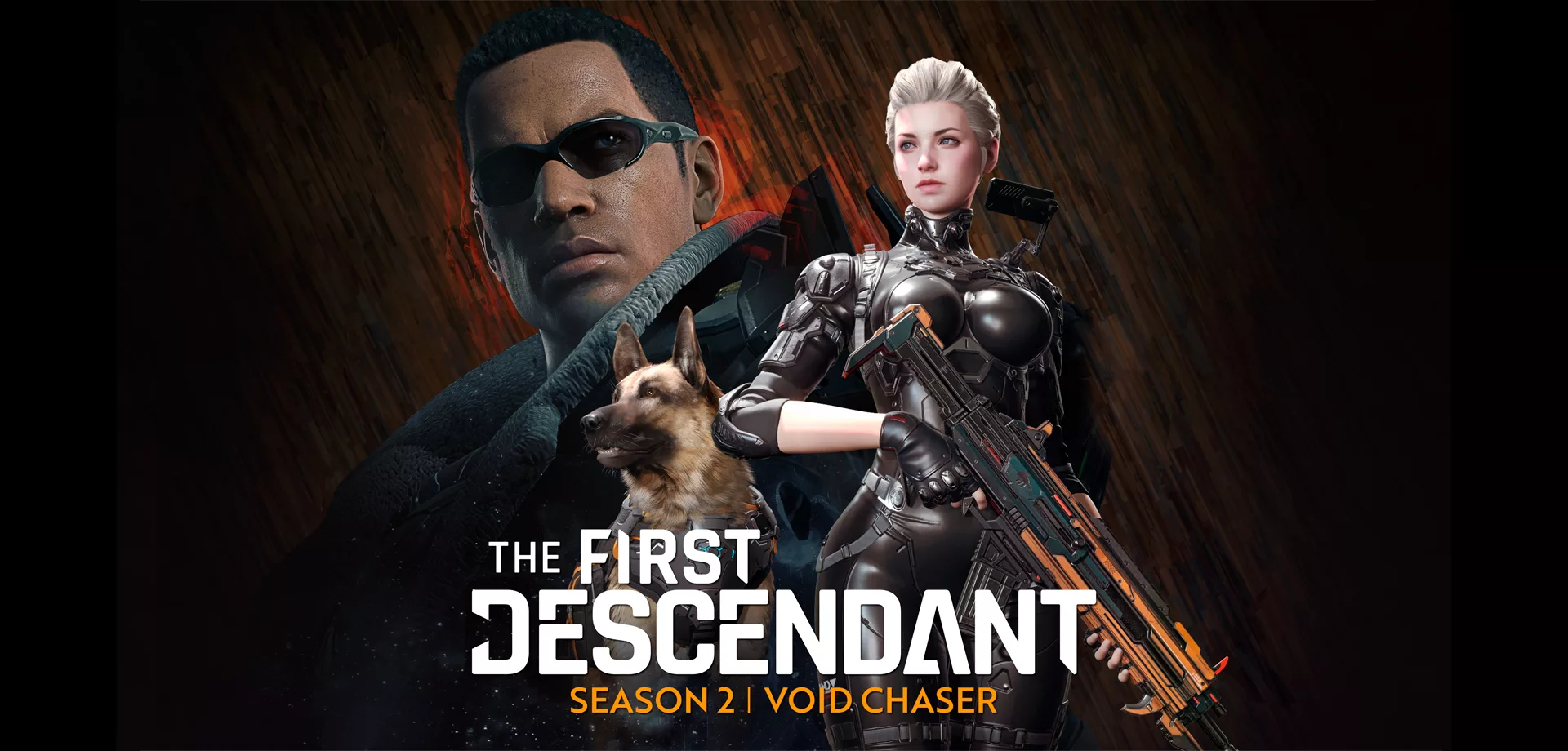 Capa da Season 2 Void Chaser de The First Descendant com 2 personagens e um cachorro.