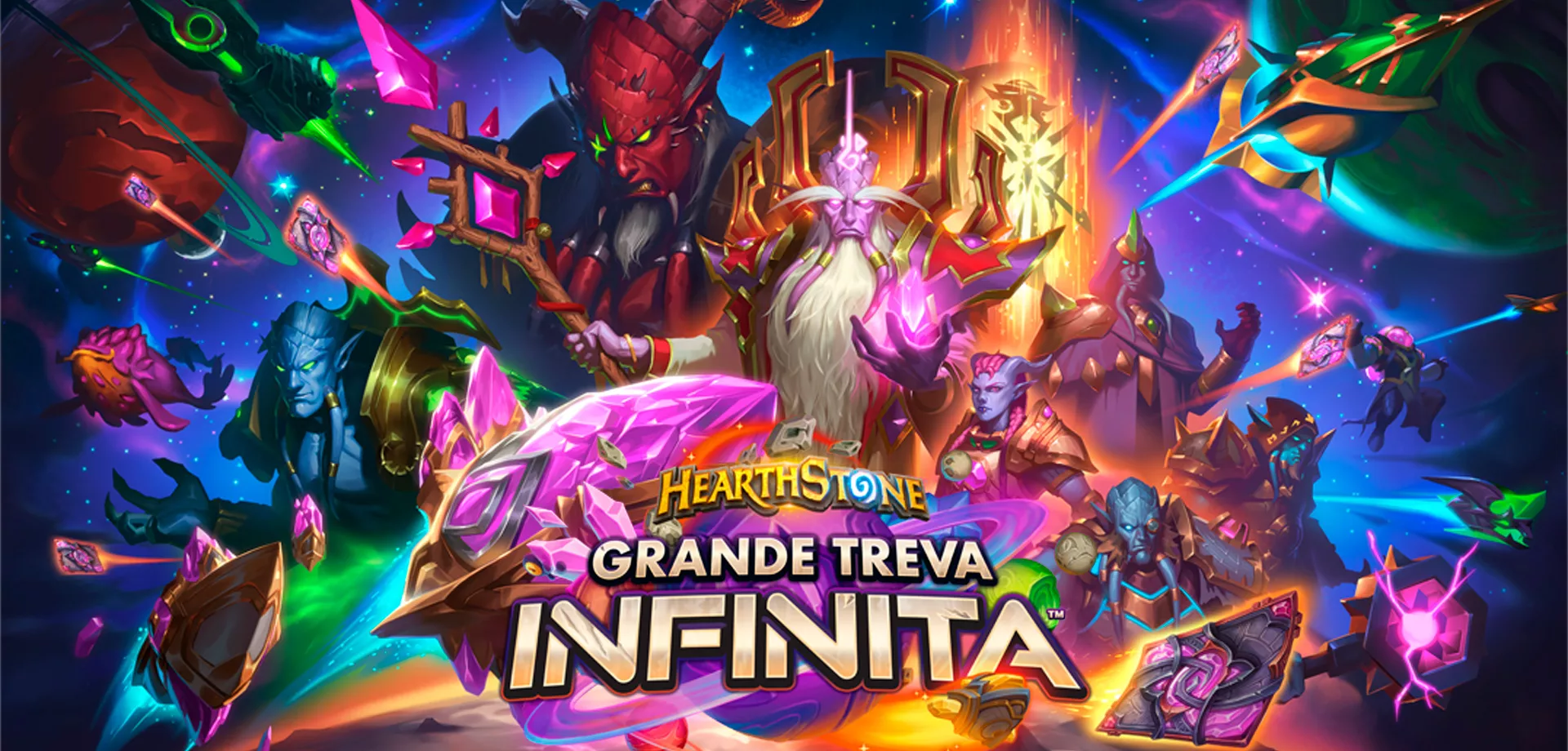 Draeneis e a Legião dividem o foco de personagens, à frente o logo de Hearthstone Grande Treva Infinita.