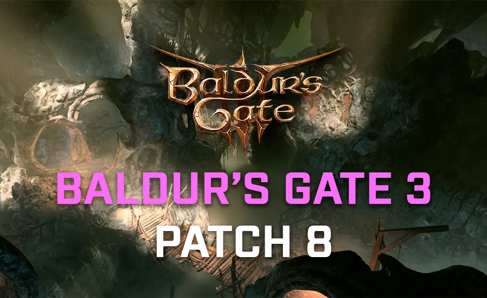 Cenário de caverna com a logo de Baldur's Gate 3 à frente e a indicação de um futuro Patch 8.