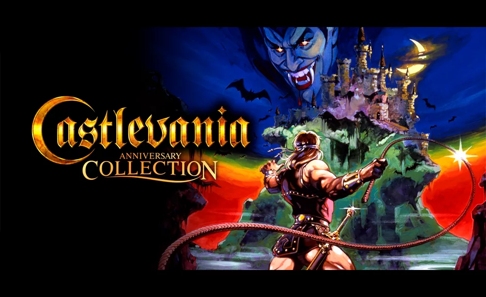 Capa de Castlevania Anniversary Collection com o Drácula ao fundo em seu castelo e à frente o protagonista Simon Belmont.