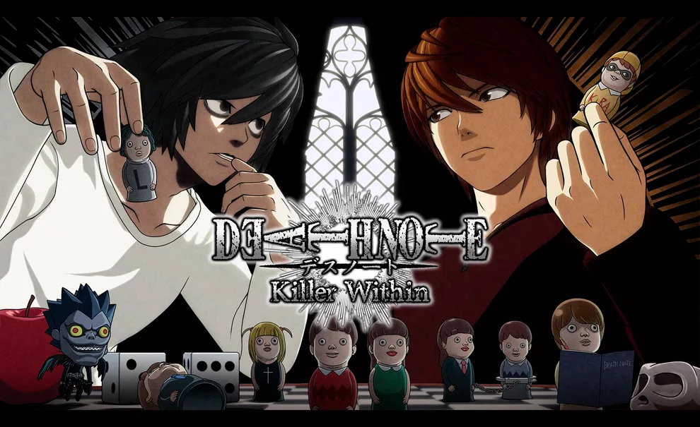 L e Kira se encaram na frente de um tabuleiro com miniaturas de personagens com a logo de Death Note Killer Within à frente.