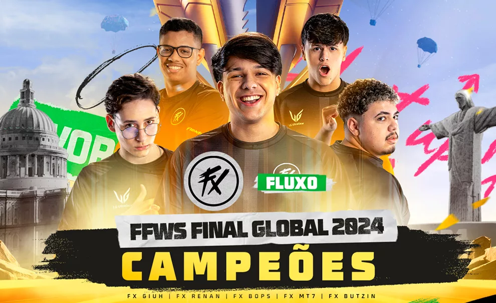 Faixa Free Fire FFWS Final Global 2024 com os Campeões da Fluxo Giuh, Renan, Bops, MT7 e Butzin. Ao fundo o Cristo Redentor e a taça.