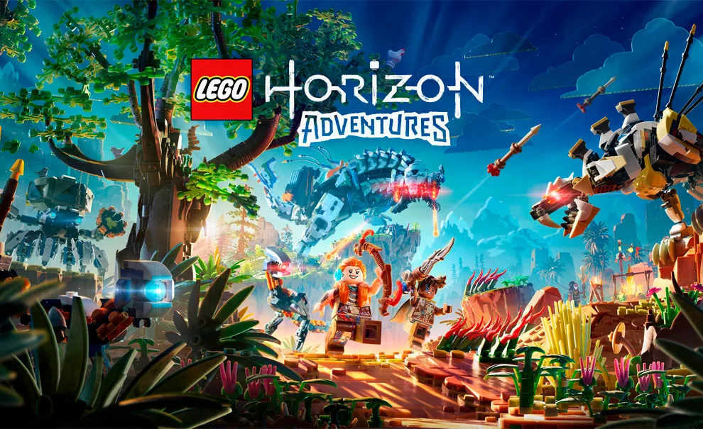 Personagens de LEGO Horizon Adventures em meio as máquinas e numa paisagem, todos em LEGO.