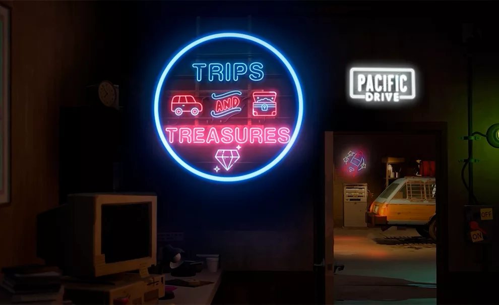 Pacific Drive Trips and Treasures com a imagem de uma garagem, um carro estacionado e um letreiro luminoso em azul e vermelho com o nome da atualização.