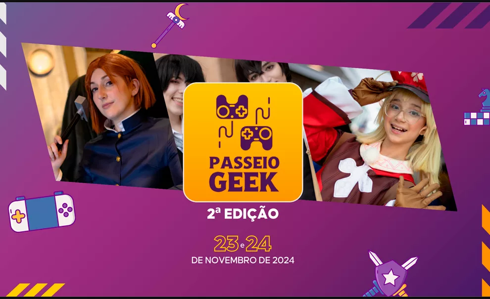 Capa do Passeio Geek Florianópolis com a data de 23 e 24 de novembro e ao fundo uma foto com vários cosplayers.