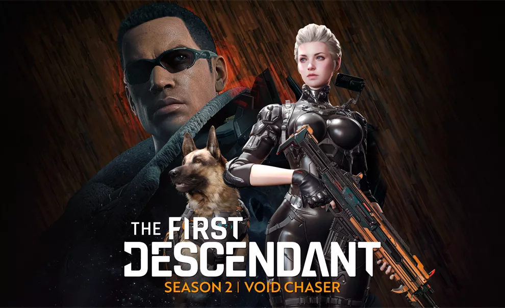 Capa da Season 2 Void Chaser de The First Descendant com 2 personagens e um cachorro.