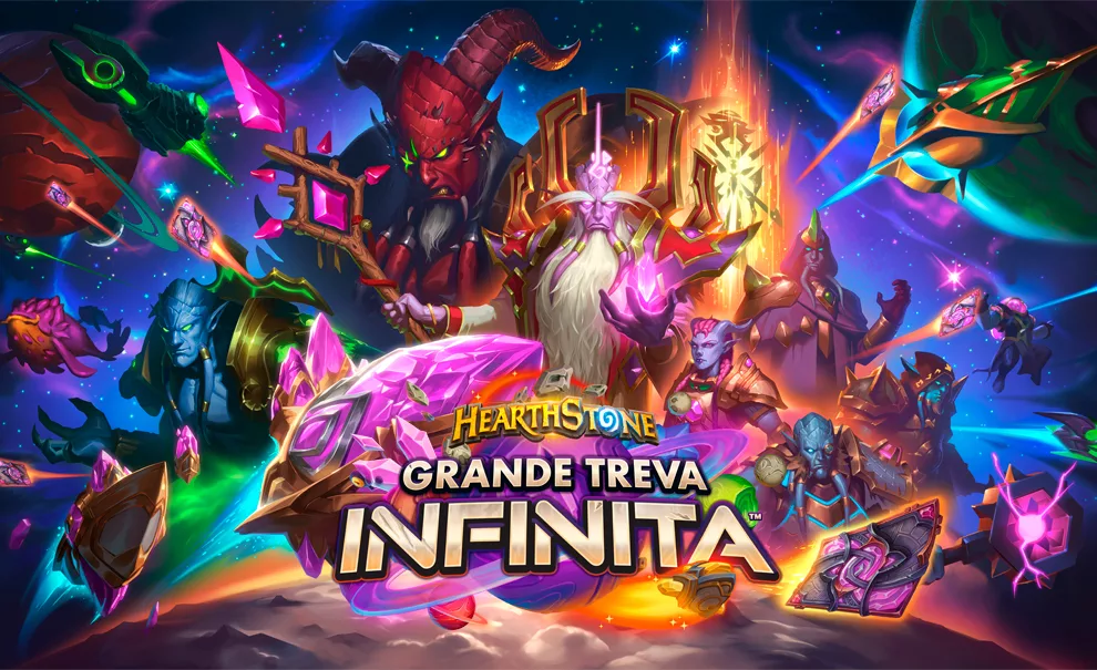 Draeneis e a Legião dividem o foco de personagens, à frente o logo de Hearthstone Grande Treva Infinita.