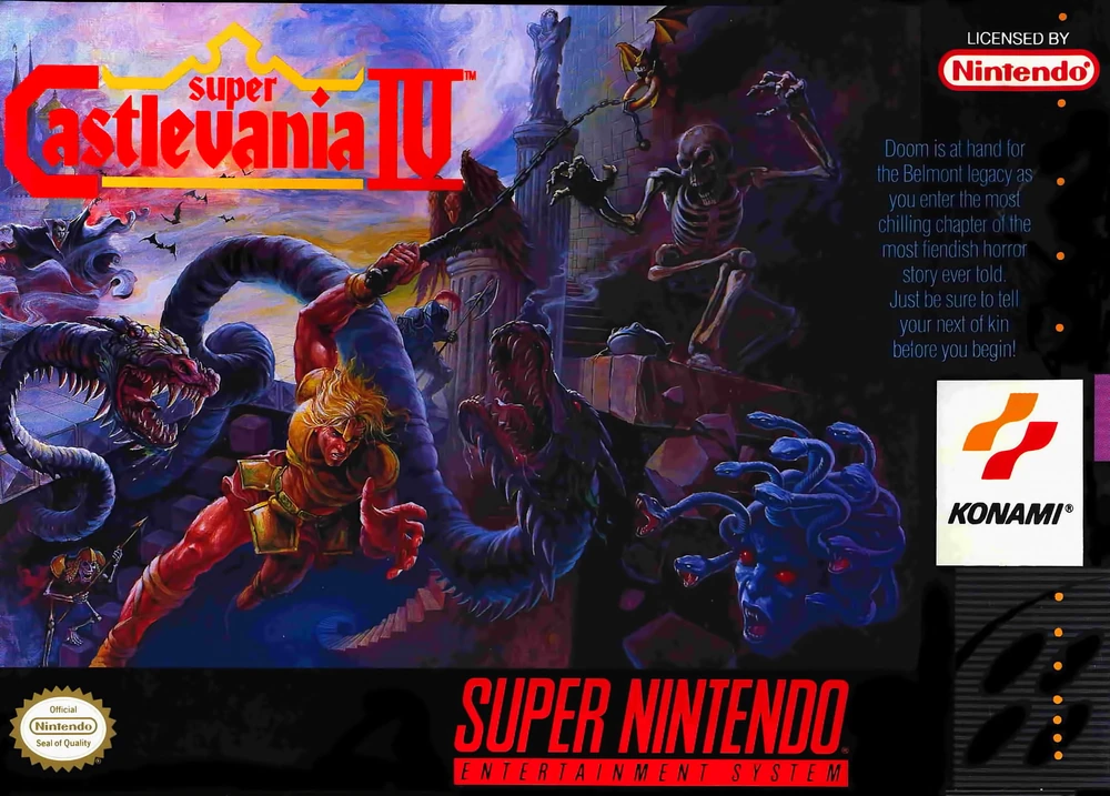 Simon Belmont enfrentando vários monstos na capa do Super Castlevania 4 para Super Nintendo.