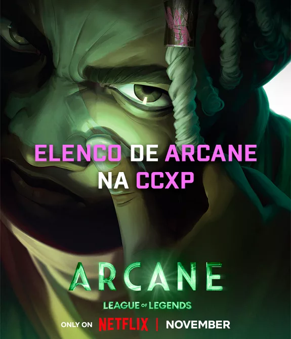 Rosto de Ekko em Arcane e a frente as palavras - Elenco de Arcane na CCXP