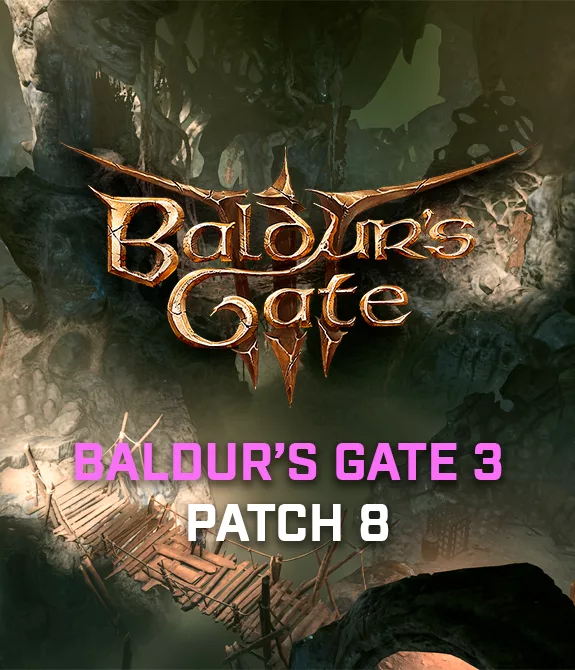 Cenário de caverna com a logo de Baldur's Gate 3 à frente e a indicação de um futuro Patch 8.