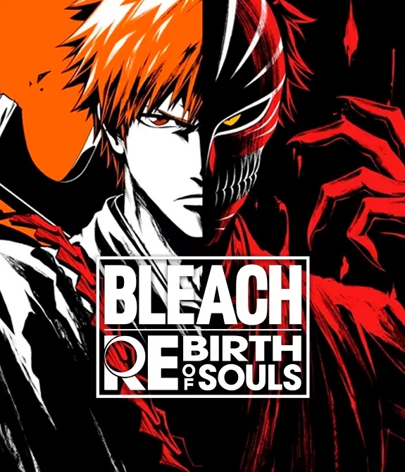 Logo de Bleach Rebirth of Souls em frente ao personagem Ichigo e sua Bankai.